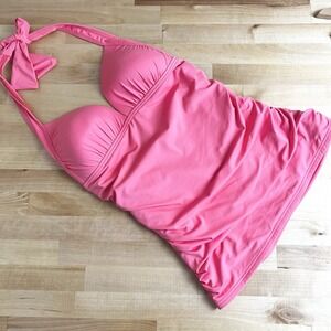 Tommy Bahama Tankini Halter Long Shirred‎ Swim Top Pure Coral Pink Small NWT